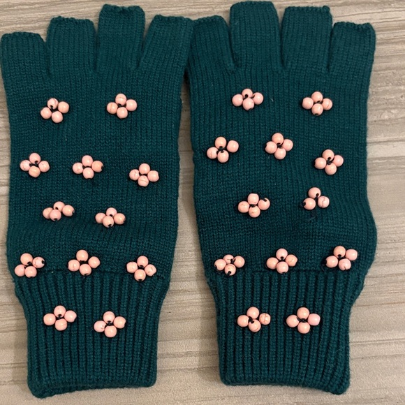 Lele Sadoughi Teal Knit Fingerless Gloves with Pink Accents - Picture 8 of 9